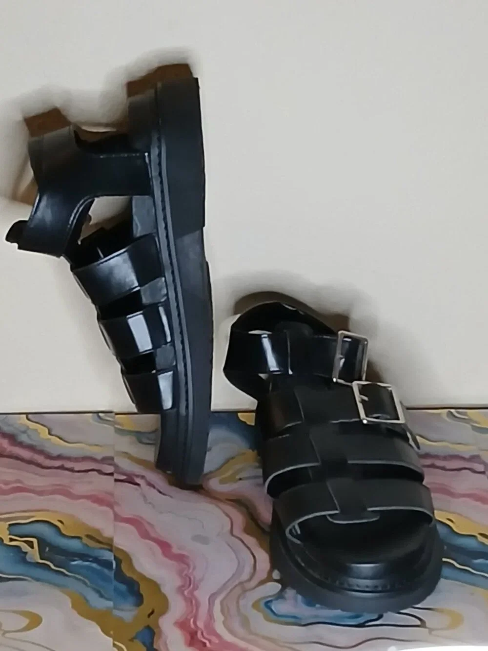 Chunky Black Strappy Gladiator Fisherman Sandals Silver Buckle